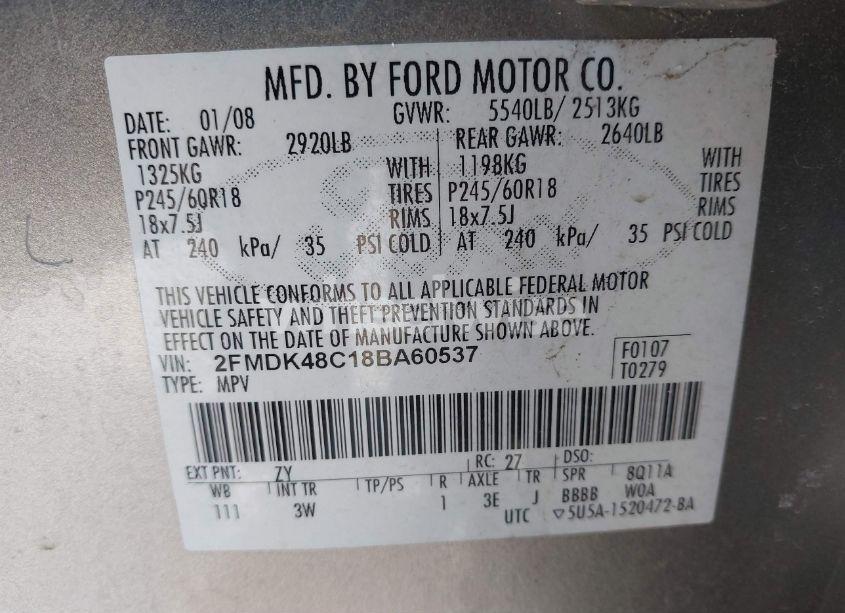 Photo 9 of 2008 Ford Edge SEL (VIN 2FMDK48C18BA60537)