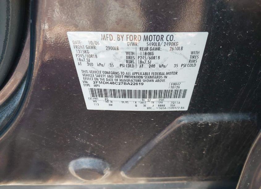 Photo 9 of 2007 Ford Edge SEL (VIN 2FMDK48C27BA22619)