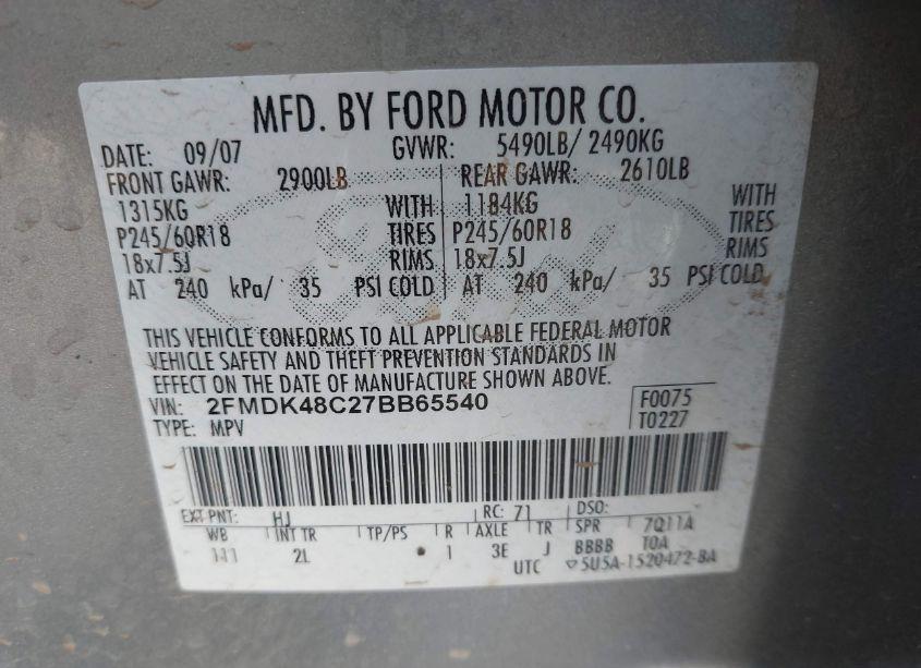 Photo 9 of 2007 Ford Edge SEL (VIN 2FMDK48C27BB65540)