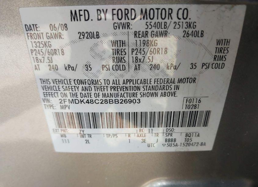 Photo 9 of 2008 Ford Edge SEL (VIN 2FMDK48C28BB26903)