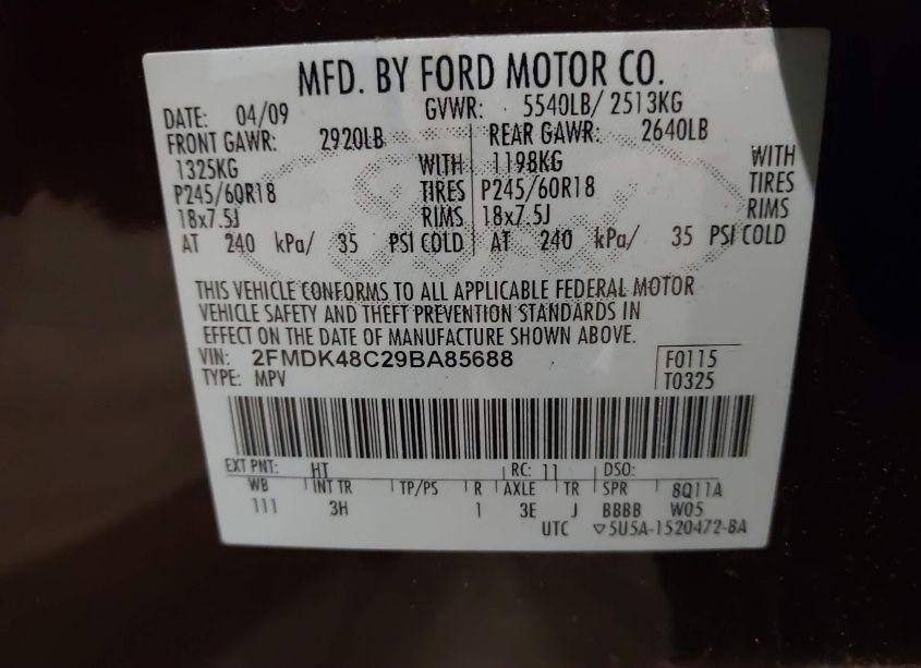 Photo 9 of 2009 Ford Edge SEL (VIN 2FMDK48C29BA85688)