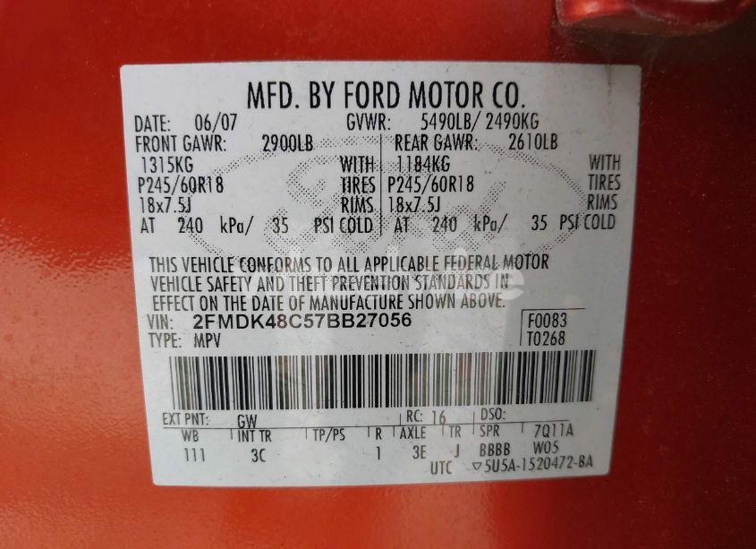 Photo 9 of 2007 Ford Edge SEL (VIN 2FMDK48C57BB27056)