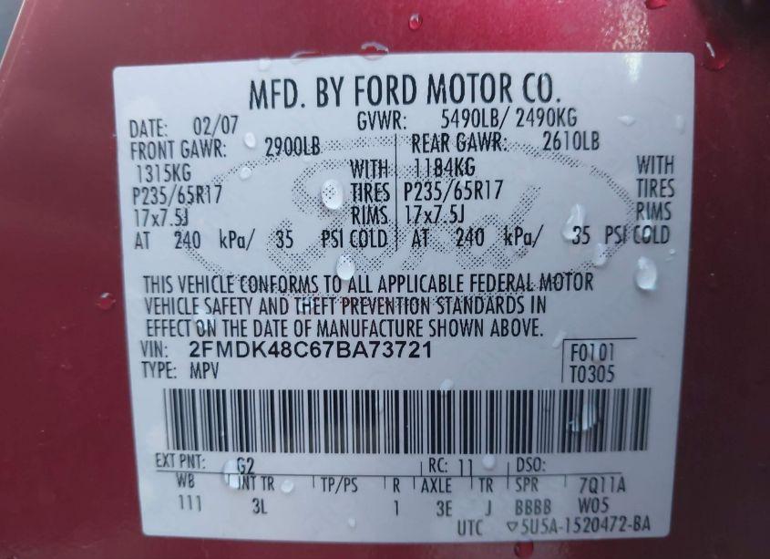 Photo 9 of 2007 Ford Edge SEL (VIN 2FMDK48C67BA73721)
