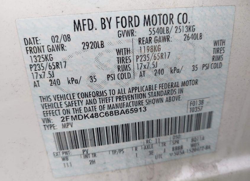 Photo 9 of 2008 Ford Edge SEL (VIN 2FMDK48C68BA65913)
