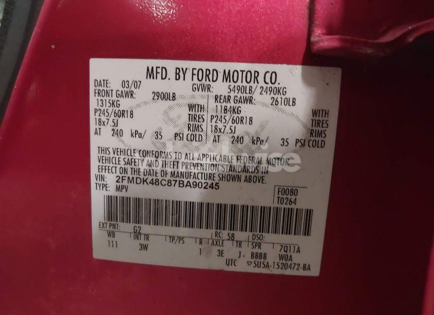 Photo 9 of 2007 Ford Edge SEL (VIN 2FMDK48C87BA90245)