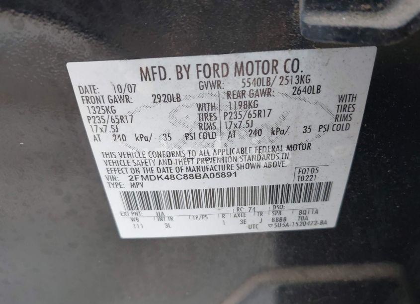 Photo 9 of 2008 Ford Edge SEL (VIN 2FMDK48C88BA05891)