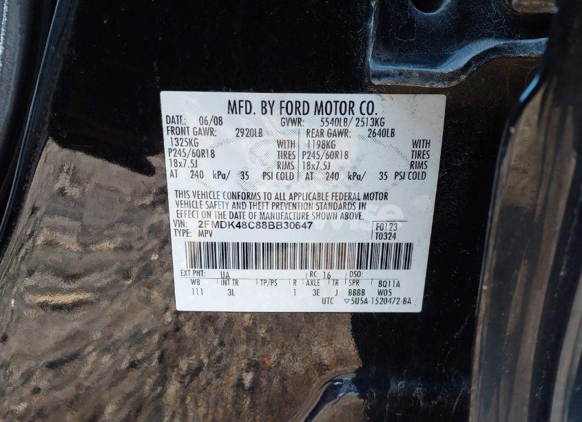 Photo 9 of 2008 Ford Edge SEL (VIN 2FMDK48C88BB30647)