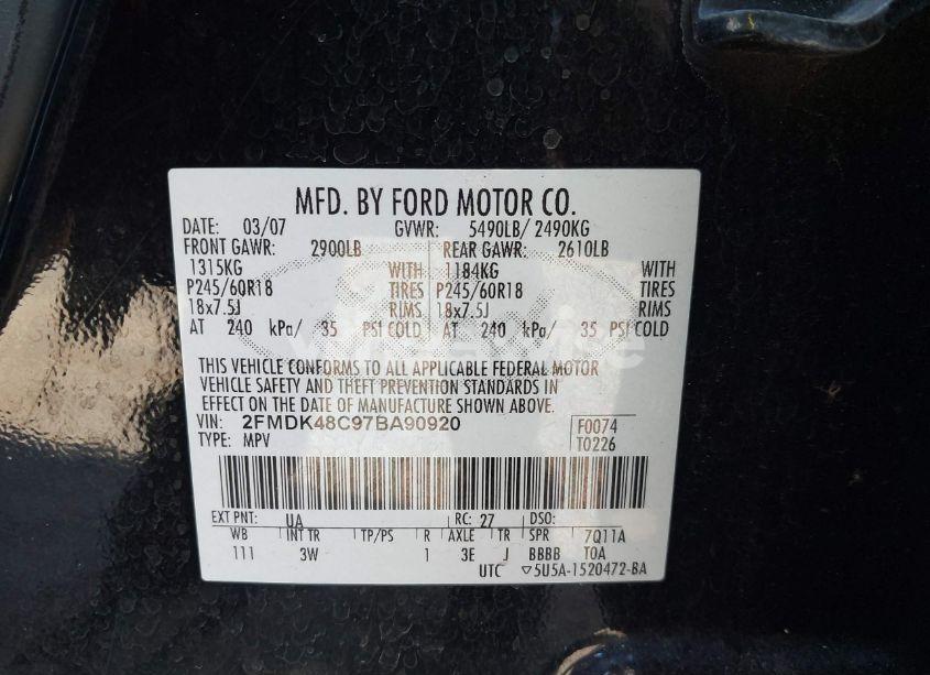 Photo 9 of 2007 Ford Edge SEL (VIN 2FMDK48C97BA90920)