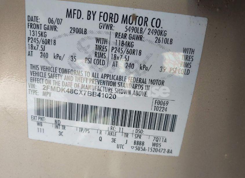 Photo 9 of 2007 Ford Edge SEL (VIN 2FMDK48CX7BB41020)