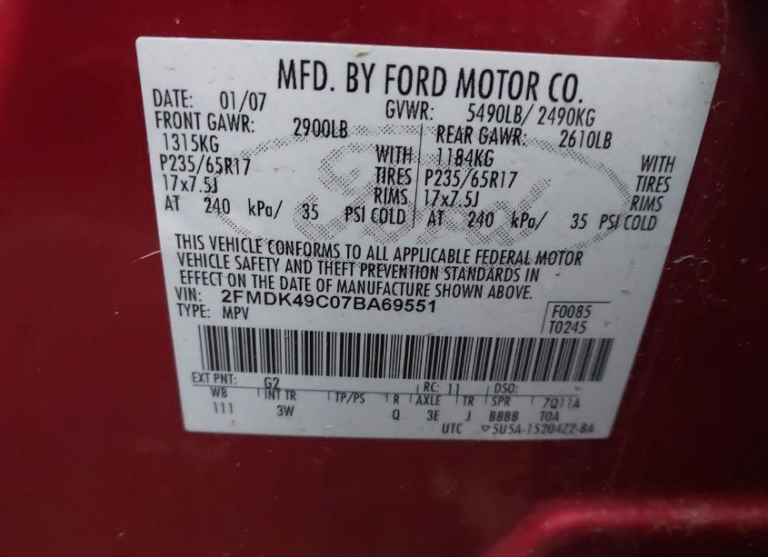 Photo 9 of 2007 Ford Edge SEL PLUS (VIN 2FMDK49C07BA69551)