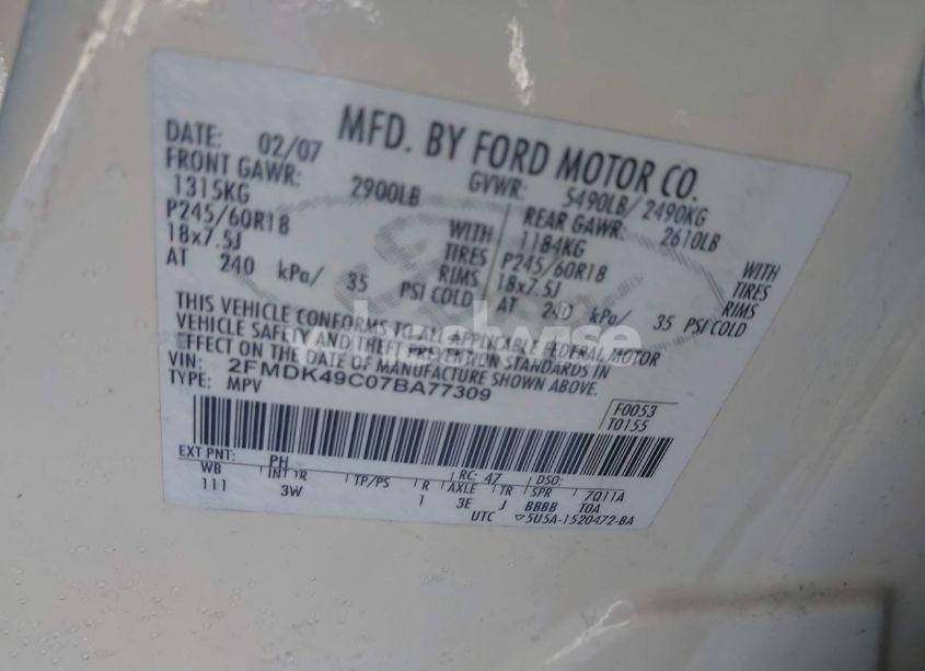 Photo 9 of 2007 Ford Edge SEL PLUS (VIN 2FMDK49C07BA77309)