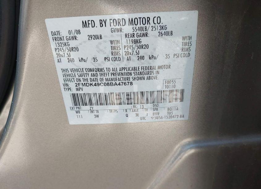 Photo 9 of 2008 Ford Edge LIMITED (VIN 2FMDK49C08BA47678)