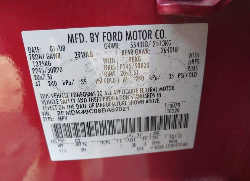 Photo 9 of 2008 Ford Edge LIMITED (VIN 2FMDK49C08BA62021)