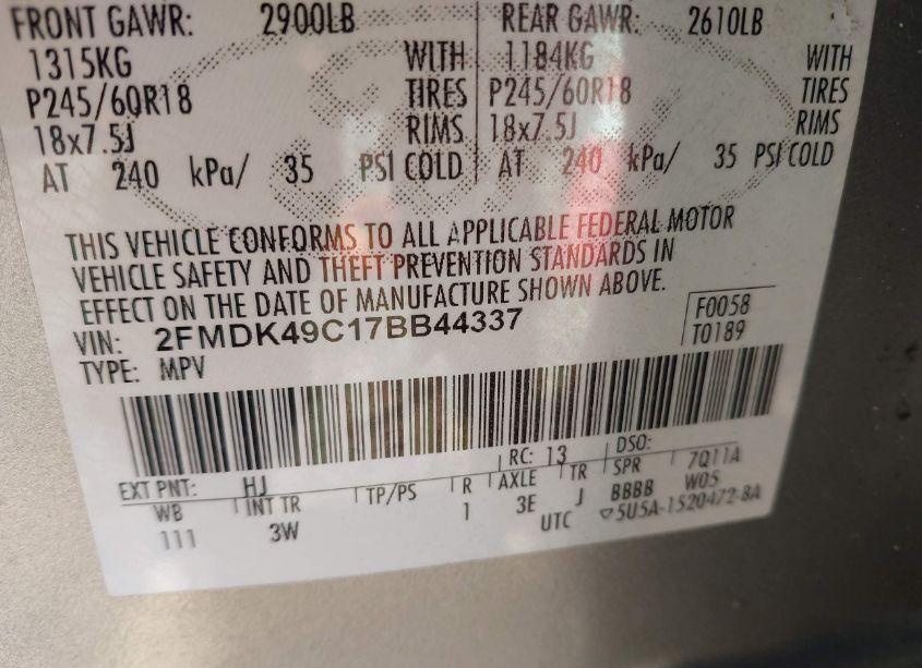 Photo 9 of 2007 Ford Edge SEL PLUS (VIN 2FMDK49C17BB44337)