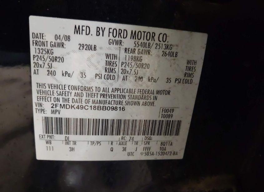 Photo 9 of 2008 Ford Edge LIMITED (VIN 2FMDK49C18BB09816)