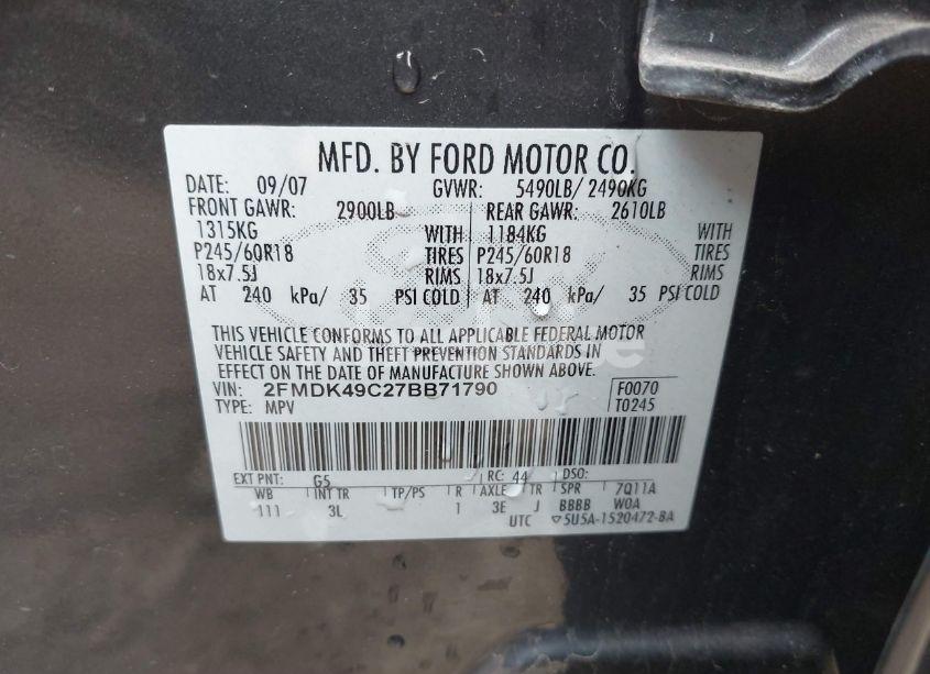 Photo 9 of 2007 Ford Edge SEL PLUS (VIN 2FMDK49C27BB71790)