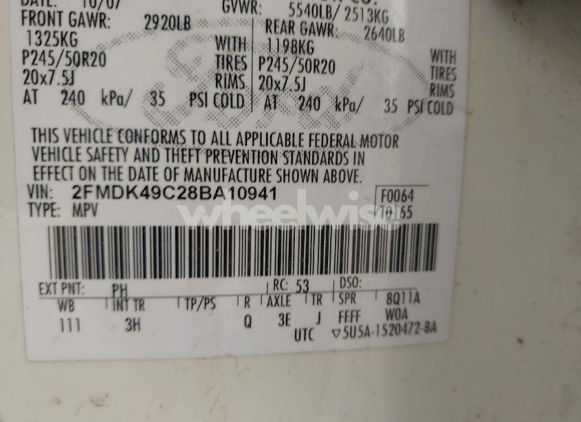 Photo 9 of 2008 Ford Edge LIMITED (VIN 2FMDK49C28BA10941)