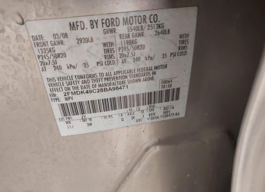 Photo 9 of 2008 Ford Edge LIMITED (VIN 2FMDK49C28BA98471)