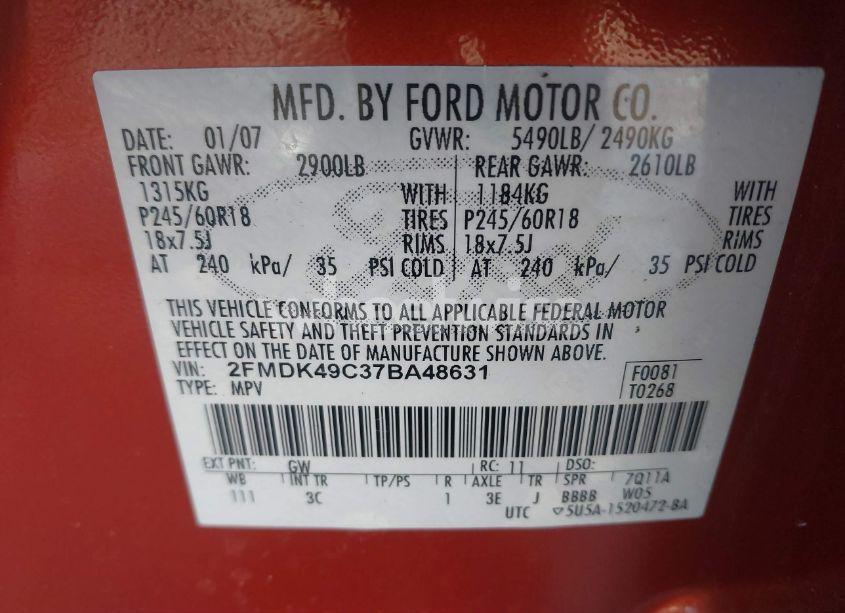 Photo 9 of 2007 Ford Edge SEL PLUS (VIN 2FMDK49C37BA48631)
