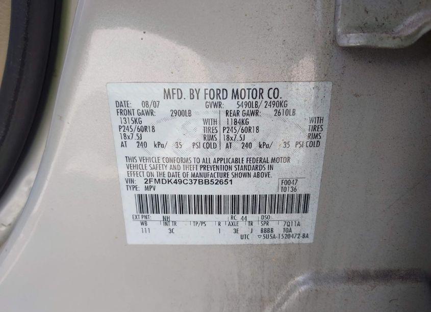 Photo 9 of 2007 Ford Edge SEL PLUS (VIN 2FMDK49C37BB52651)