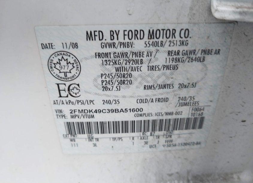 Photo 9 of 2009 Ford Edge LIMITED (VIN 2FMDK49C39BA51600)