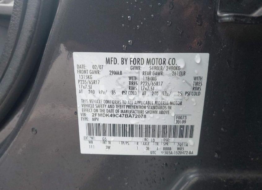 Photo 9 of 2007 Ford Edge SEL PLUS (VIN 2FMDK49C47BA72078)