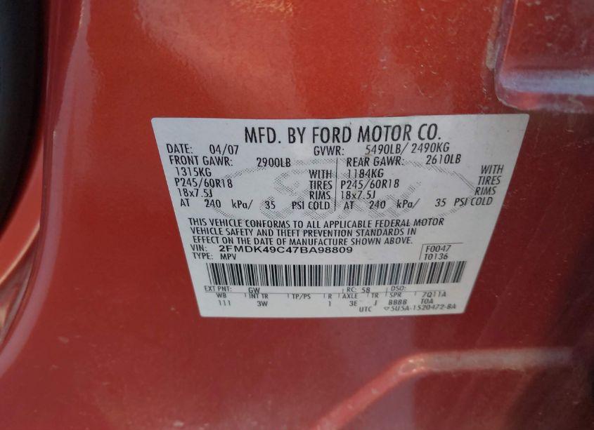 Photo 9 of 2007 Ford Edge SEL PLUS (VIN 2FMDK49C47BA98809)
