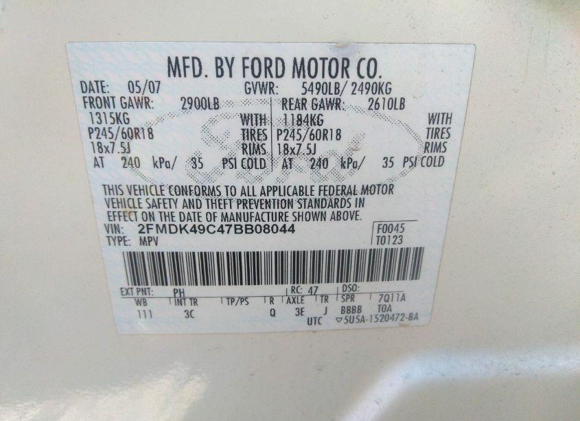 Photo 9 of 2007 Ford Edge SEL PLUS (VIN 2FMDK49C47BB08044)