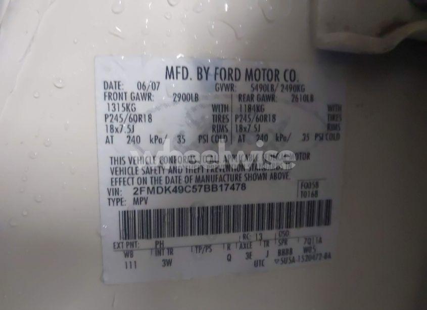 Photo 9 of 2007 Ford Edge SEL PLUS (VIN 2FMDK49C57BB17478)