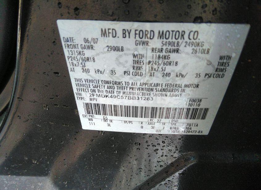 Photo 9 of 2007 Ford Edge SEL PLUS (VIN 2FMDK49C57BB31283)