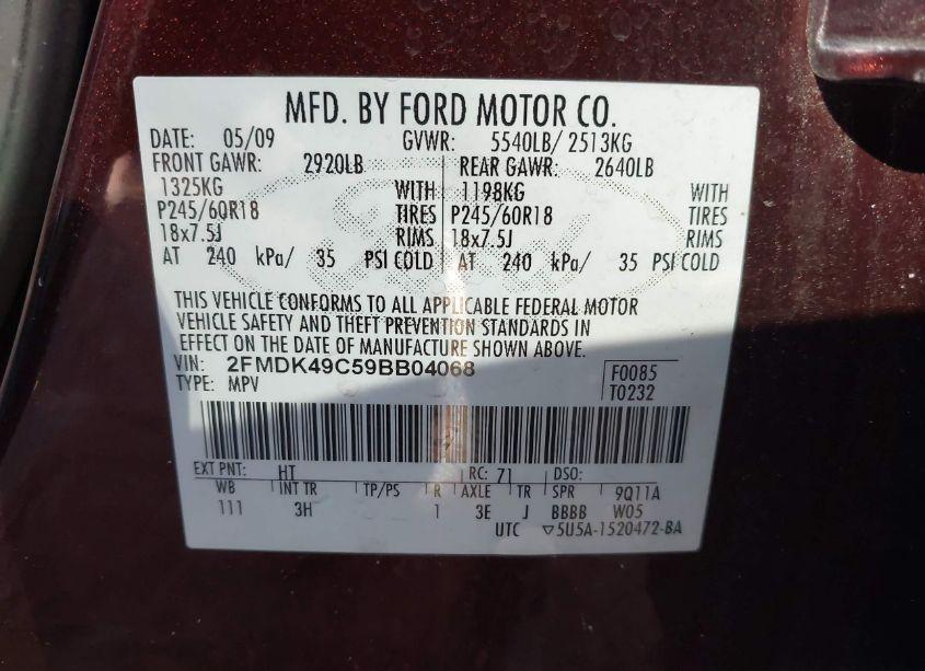 Photo 9 of 2009 Ford Edge LIMITED (VIN 2FMDK49C59BB04068)