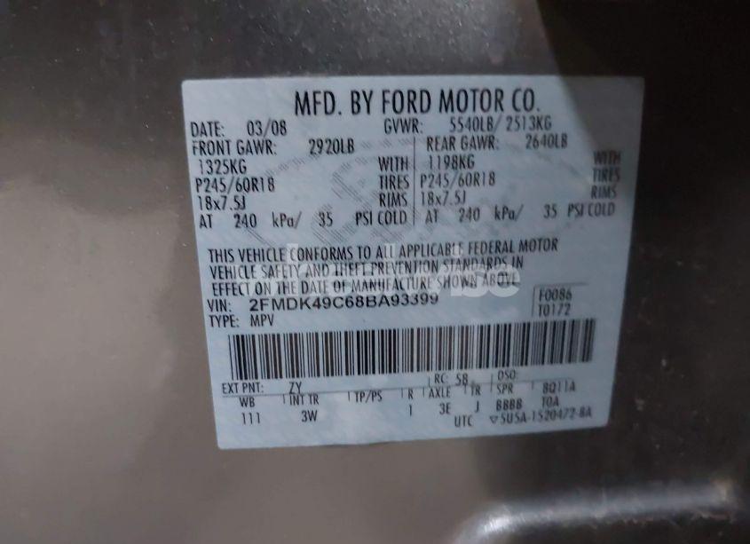 Photo 9 of 2008 Ford Edge LIMITED (VIN 2FMDK49C68BA93399)