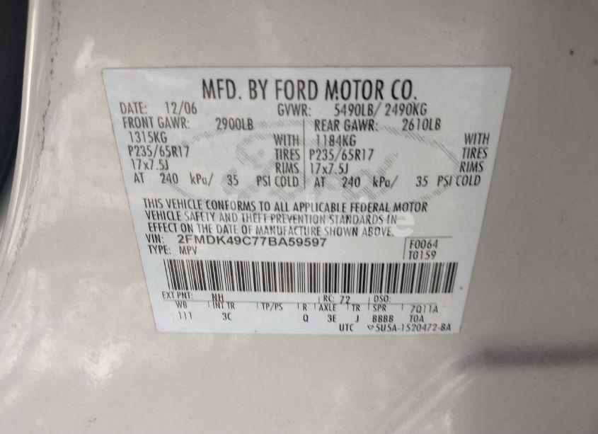 Photo 9 of 2007 Ford Edge SEL PLUS (VIN 2FMDK49C77BA59597)