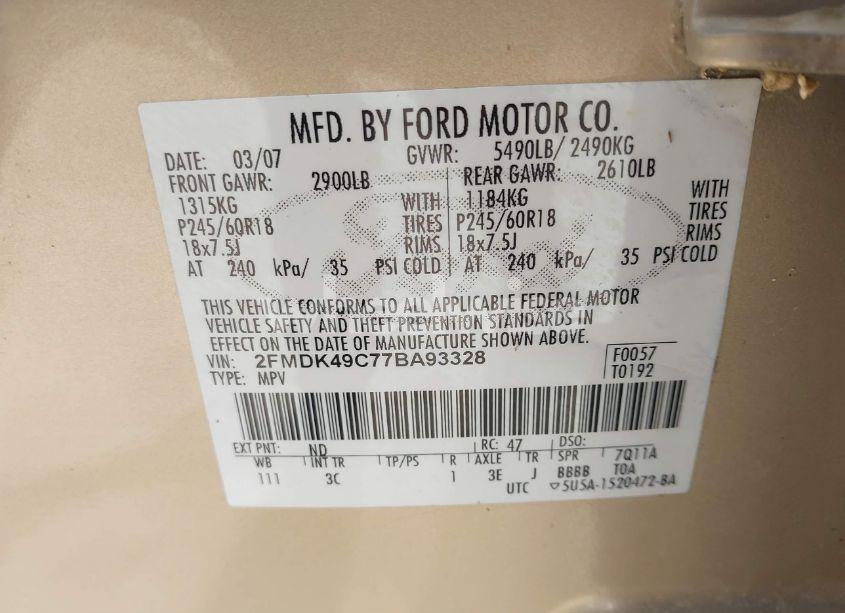 Photo 9 of 2007 Ford Edge SEL PLUS (VIN 2FMDK49C77BA93328)