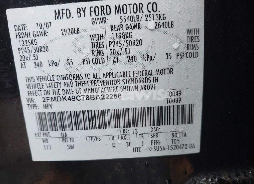 Photo 9 of 2008 Ford Edge LIMITED (VIN 2FMDK49C78BA22258)