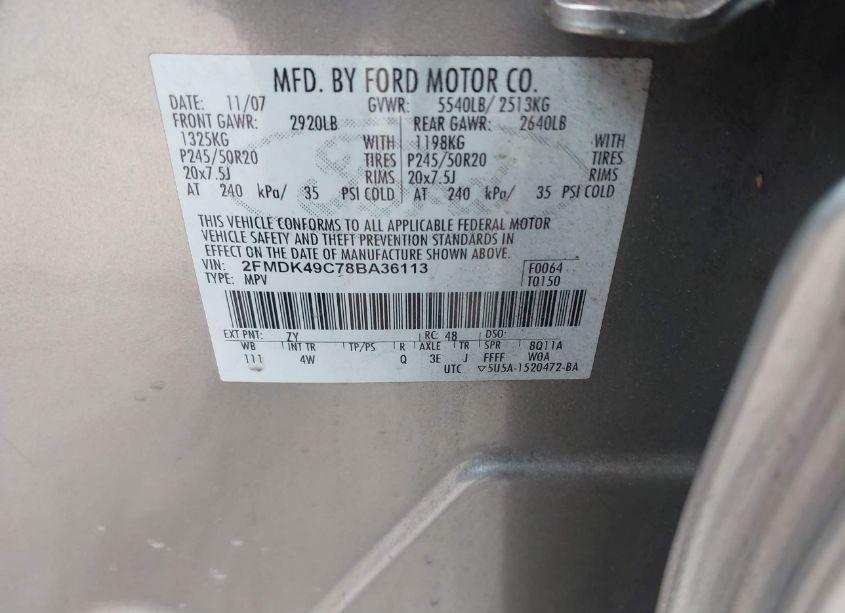 Photo 9 of 2008 Ford Edge LIMITED (VIN 2FMDK49C78BA36113)