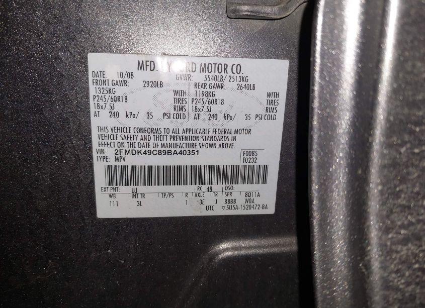 Photo 8 of 2009 Ford Edge LIMITED (VIN 2FMDK49C89BA40351)