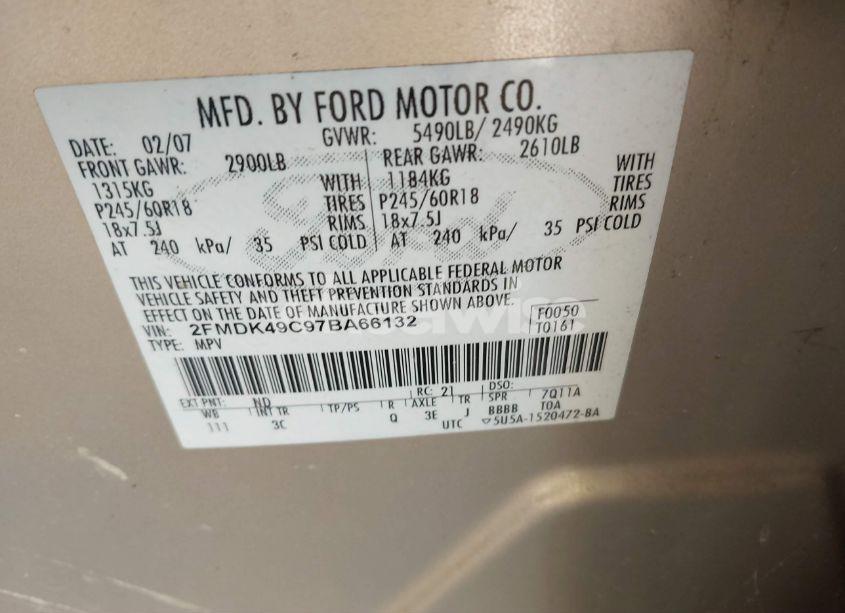 Photo 9 of 2007 Ford Edge SEL PLUS (VIN 2FMDK49C97BA66132)