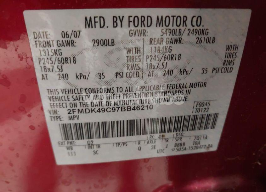 Photo 9 of 2007 Ford Edge SEL PLUS (VIN 2FMDK49C97BB46210)