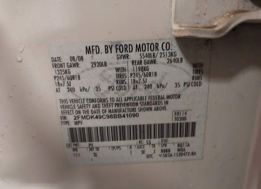 Photo 9 of 2008 Ford Edge LIMITED (VIN 2FMDK49C98BB41090)