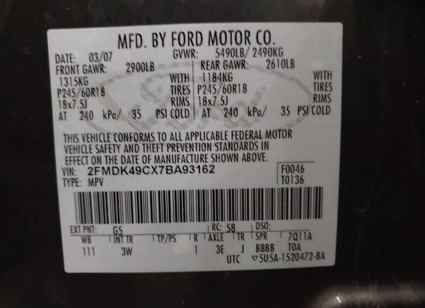 Photo 9 of 2007 Ford Edge SEL PLUS (VIN 2FMDK49CX7BA93162)