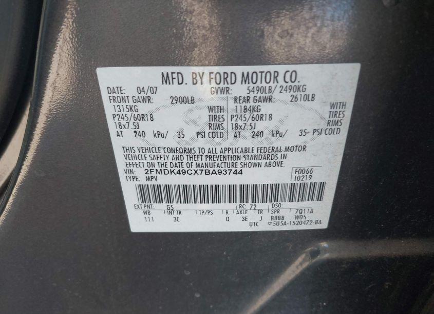 Photo 9 of 2007 Ford Edge SEL PLUS (VIN 2FMDK49CX7BA93744)