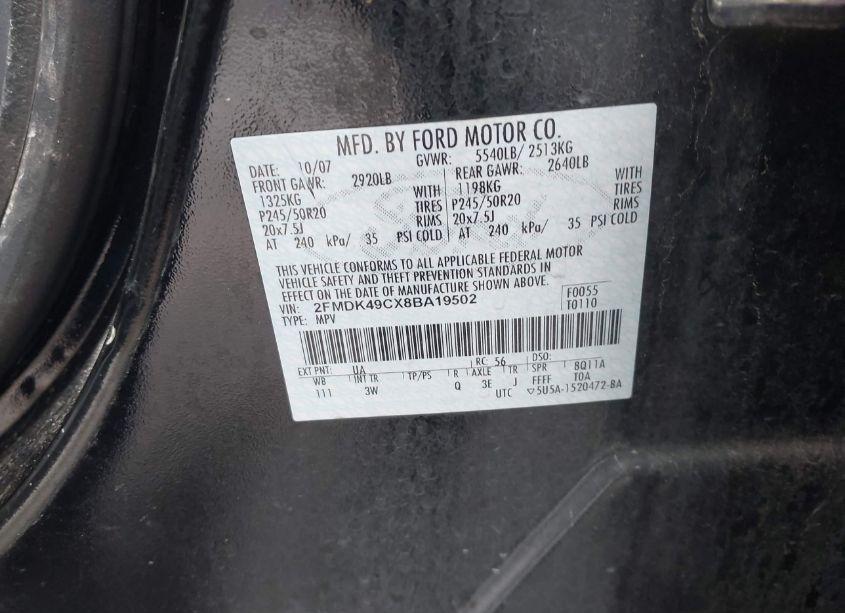 Photo 9 of 2008 Ford Edge LIMITED (VIN 2FMDK49CX8BA19502)