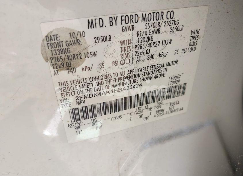 Photo 9 of 2011 Ford Edge SPORT (VIN 2FMDK4AK1BBA32424)