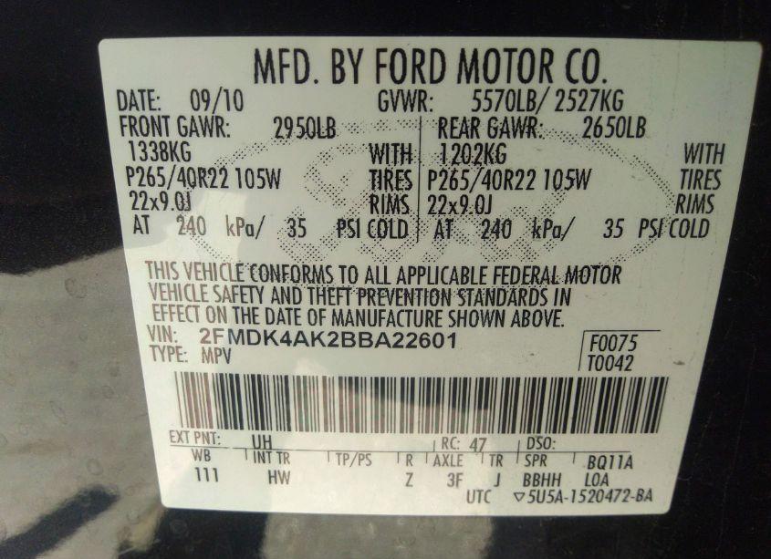 Photo 9 of 2011 Ford Edge SPORT (VIN 2FMDK4AK2BBA22601)