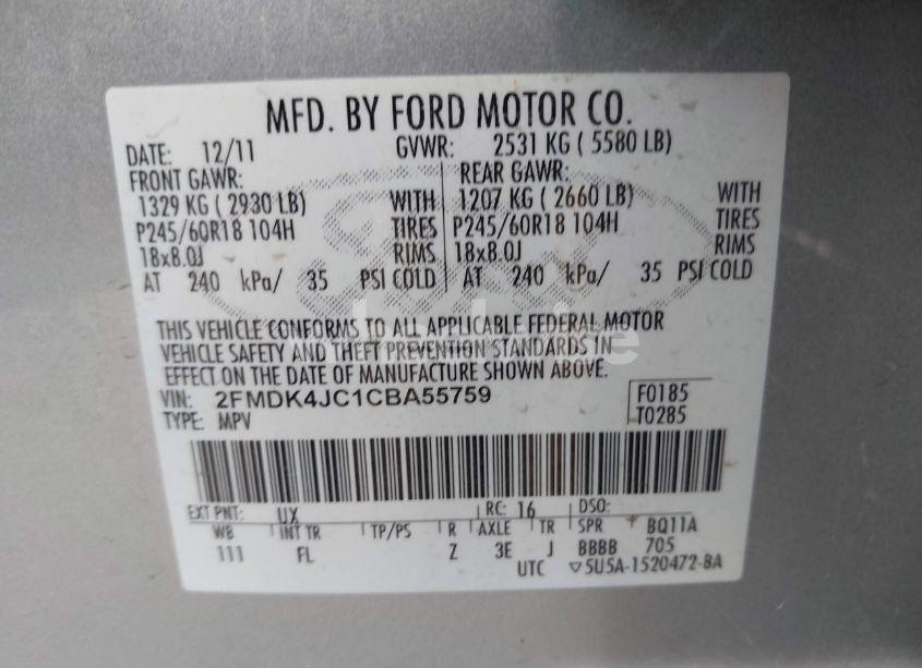 Photo 9 of 2012 Ford Edge SEL (VIN 2FMDK4JC1CBA55759)