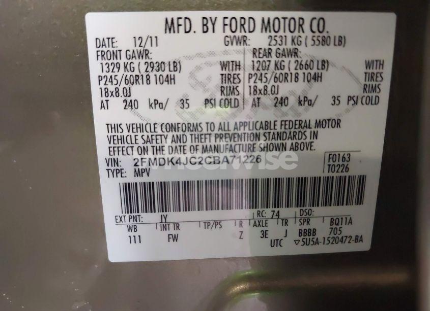 Photo 9 of 2012 Ford Edge SEL (VIN 2FMDK4JC2CBA71226)