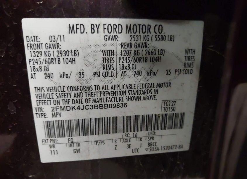 Photo 9 of 2011 Ford Edge SEL (VIN 2FMDK4JC3BBB09836)