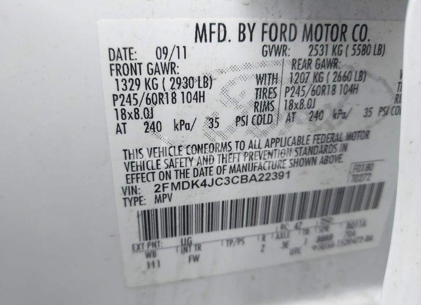 Photo 9 of 2012 Ford Edge SEL (VIN 2FMDK4JC3CBA22391)