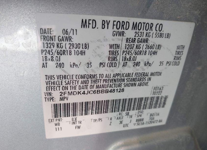 Photo 9 of 2011 Ford Edge SEL (VIN 2FMDK4JC6BBB48128)